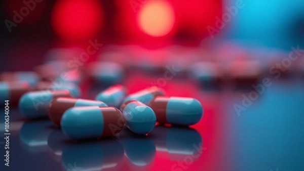 Fototapeta Blue and Red Capsules on Reflective Surface