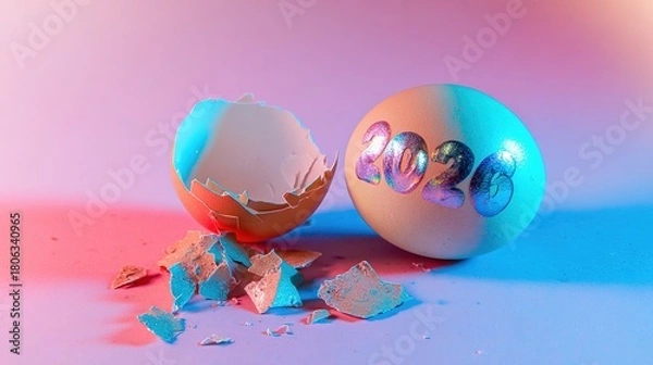 Obraz 2026の入った卵が割れて、中から花火が現れる