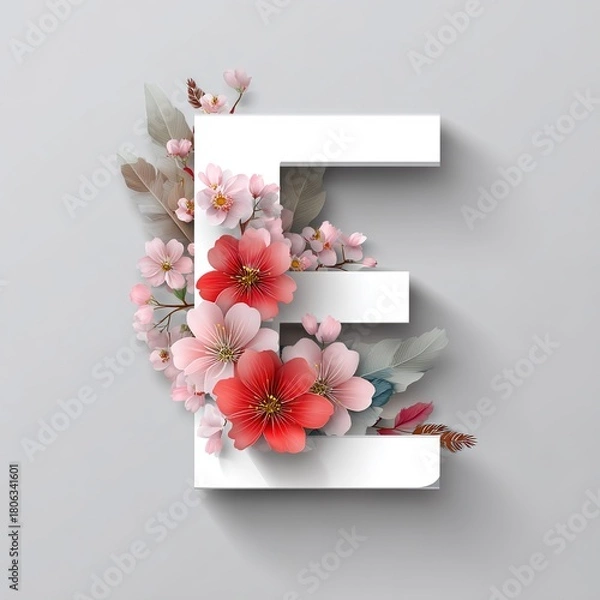 Obraz 赤とピンクの花飾りが付いた白い紙の文字「E」