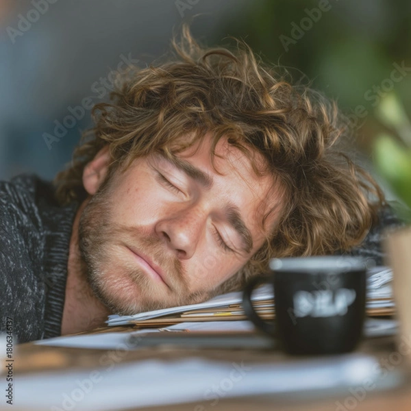 Fototapeta Tired man resting head on desk with coffee cup
