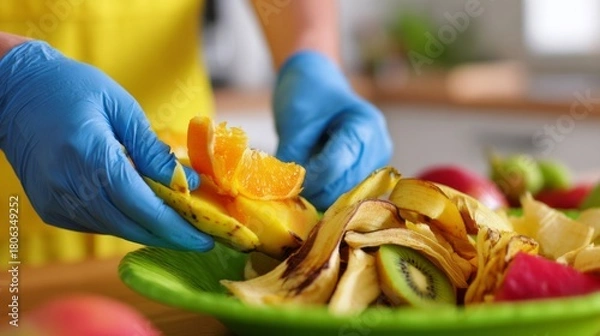 Fototapeta Person wearing blue gloves peeling an orange over a bowl of organic kitchen waste, fruit scraps for composting