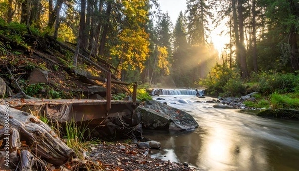 Fototapeta Sunlit River Flowing Through a Lush Forest Landscape.