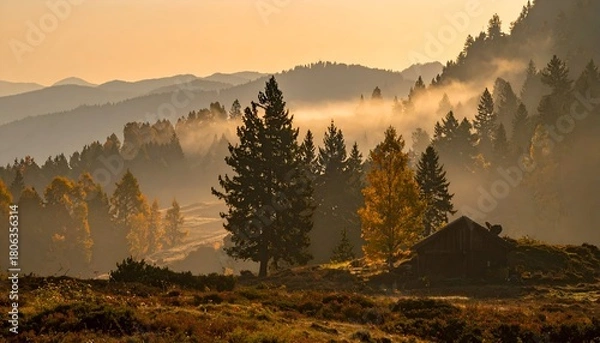Fototapeta Golden hour in the mountains - A serene landscape with mist and trees.