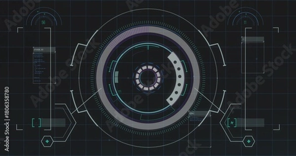 Fototapeta Displaying central HUD element pulsing on dark grid canvas, with rings and connector traces