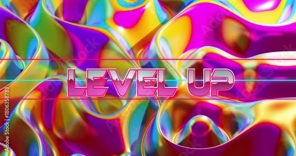 Fototapeta Floating bold 3D text LEVEL UP glowing in digital holographic composition, with neon scan lines
