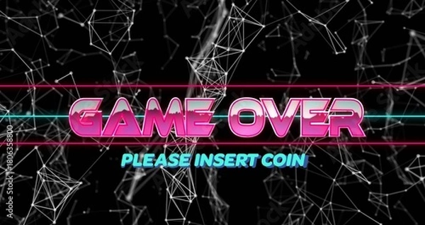 Obraz Flashing centered retro arcade screen displaying GAME OVER and PLEASE INSERT COIN, neon bars