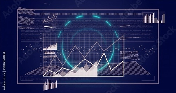 Obraz Showing futuristic dashboard with grid, line, area and bar charts on navy glowing cyan rings