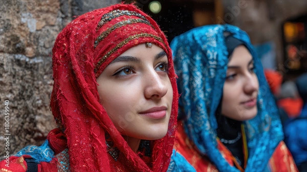 Obraz Young women wearing colorful traditional headscarves with intricate patterns looking thoughtfully outdoors near a stone wall during daytime cultural event
