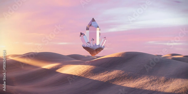 Fototapeta Large transparent crystal hovering above sand dunes at sunset peaceful scene