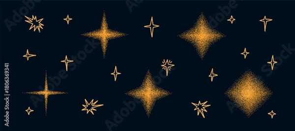 Fototapeta Grain gradient twinkles shapes. Y2k dot noise night sky with stars figures set. Sparkle and bling dots gradation airbrush elements. Vector grainy texture stardust shapes set on black background.