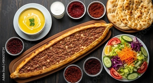 Fototapeta Turkish pide with minced meat served with soup salad and dips turkish food flatbread