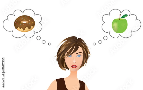 Fototapeta Girl thinking about food choice, apple or donut