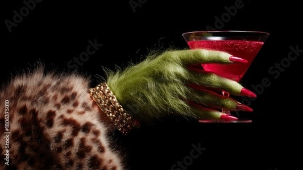 Fototapeta A furry green hand with red nails holds a sparkling red cocktail, adorned with gold bracelets and a fur coat.