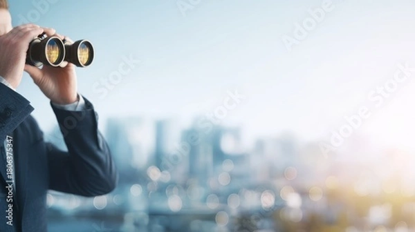 Fototapeta Man looking through binoculars into the distance over a blurred city panorama. Searching for future business opportunities and vision.