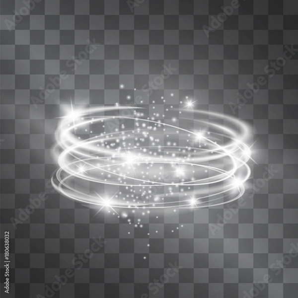 Fototapeta Vector silver light discs hazy effect. Cold glowing swirling storm cylinder of shining stardust sparkles on transparent background. Glittering blizzard funnel, ice cold magical illumination.
