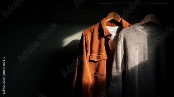 Obraz A vibrant orange shirt and neutral sweater hang gracefully in soft natural light, showcasing rich textures and warmth.