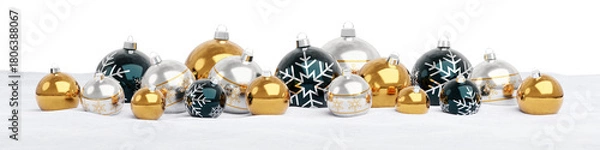 Fototapeta Isolated Christmas baubles alined on snow. Golden, black and silver colors. 3D rendering