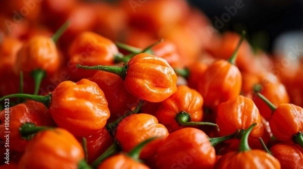 Obraz Close-up image of a pile of vibrant orange habanero peppers showcasing their bright color and fresh texture.