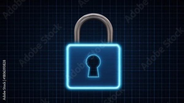 Fototapeta A cyber lock icon floating above a network of neon grid lines, representing strong cybersecurity and digital protection.