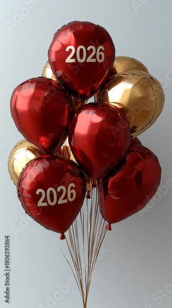 Fototapeta red and golden balloons on a white background "2026"