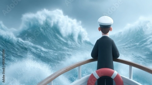 Fototapeta A cartoon leader standing confidently at the front of a ship battling strong ocean waves, symbolizing brave leadership. Overcoming obstacles in business.