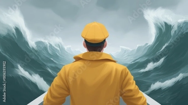 Obraz A cartoon leader standing confidently at the front of a ship battling strong ocean waves, symbolizing brave leadership. Overcoming obstacles in business.