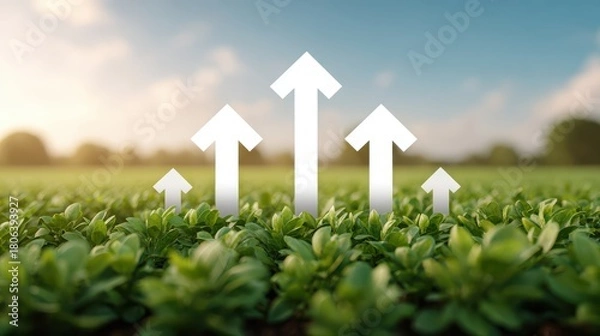 Obraz A modern farmland landscape with several glowing upward arrows, representing growth and higher agricultural productivity. Rising agricultural value and output.