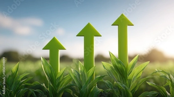 Obraz A modern farmland landscape with several glowing upward arrows, representing growth and higher agricultural productivity. Rising agricultural value and output.
