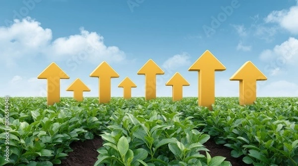 Fototapeta A modern farmland landscape with several glowing upward arrows, representing growth and higher agricultural productivity. Rising agricultural value and output.