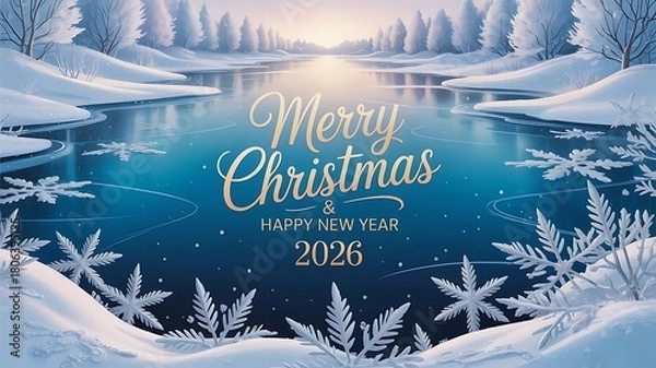 Obraz Winter landscape merry christmas and happy new year 2026 greeting card with frosty lake and snowy forest background