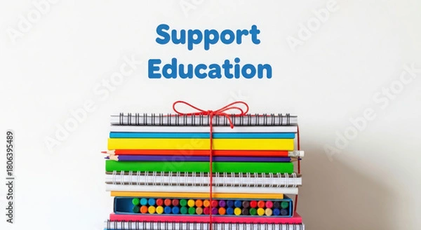 Fototapeta Stack of colorful books tied with a red ribbon with support education text