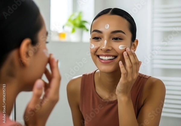 Obraz Smiling Woman Applying Face Cream in Front of Mirror