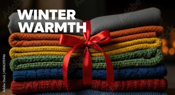 Obraz Cozy stack of folded knitted scarves and blankets tied with a red ribbon