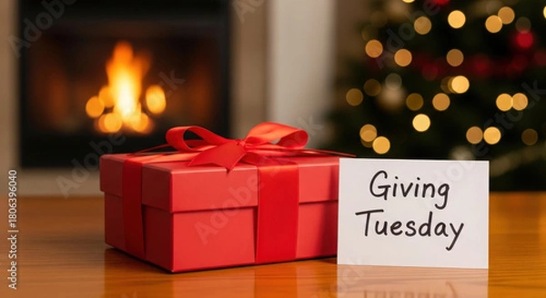 Fototapeta Red gift box with giving tuesday note in front of a cozy fireplace and christmas tree