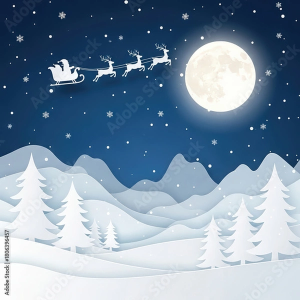 Fototapeta Santa claus flying in his sleigh pulled by reindeer across a starry night sky over snowy mountains