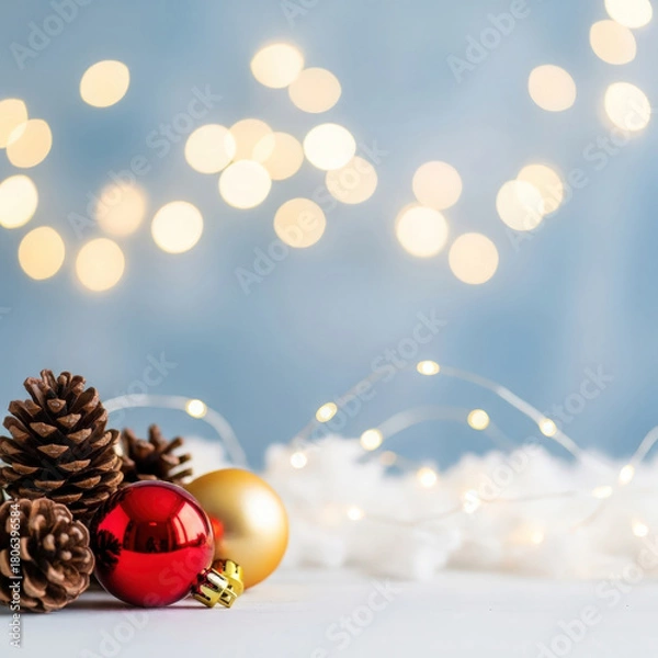 Obraz Festive christmas decorations with pinecones and blurry golden lights