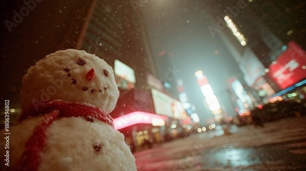 Fototapeta A cheerful snowman stands amid illuminated city lights, setting a festive scene during nighttime snowfall in a bustling urban area.