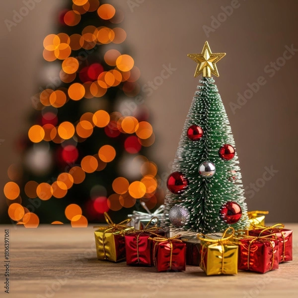 Fototapeta Festive miniature christmas tree with presents and blurred bokeh lights background