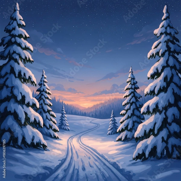 Obraz Snow covered pine trees line a winding path under a twilight sky with stars