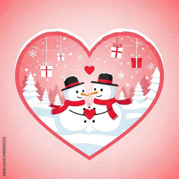 Fototapeta Cute snowman couple in heart shape with winter scene and gifts