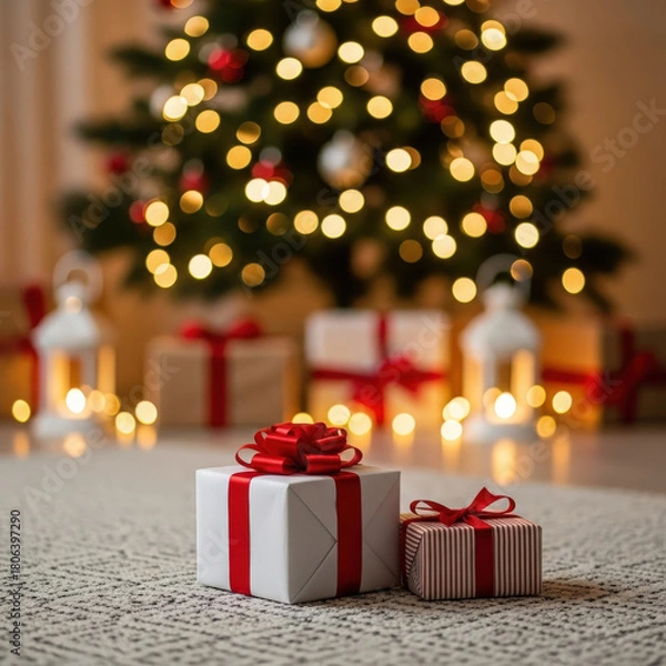 Obraz Christmas presents wrapped with red ribbon in front of a glowing decorated tree