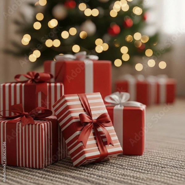 Fototapeta Pile of red and white striped christmas presents under a decorated tree with bokeh lights