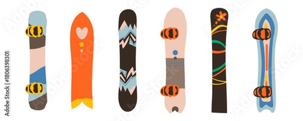 Fototapeta Snowboards set Sleek, Flat Boards Designed For Gliding On white background. Vital Tools For Thrilling Winter Sports mountain activities ,winter sport dynamic winter action and outdoor fun.