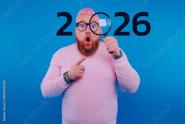 Fototapeta A surprised man with pink hair holds a magnifying glass, pointing at the year "2026" against a blue background.