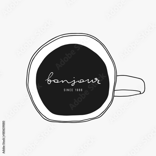 Obraz Doodle ilustracji wektorowych kawy. Widok powyżej kubka. Ręcznie rysowane logo kawiarni