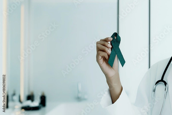 Fototapeta A healthcare professional holds a green ribbon, symbolizing awareness, in a modern, minimalistic medical environment.