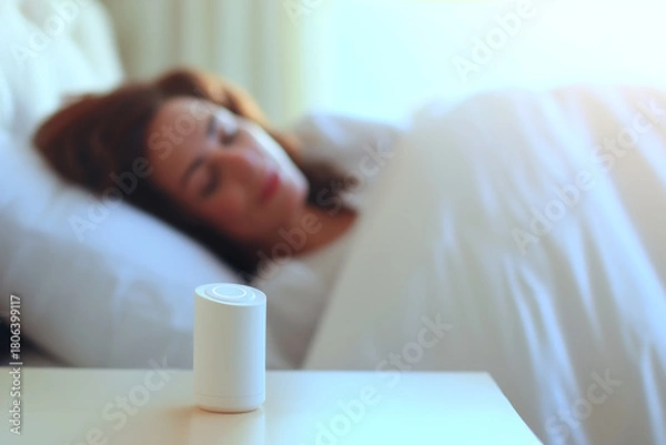 Fototapeta A serene bedroom scene featuring a sleeping woman, with a small device on the bedside table, suggesting a focus on relaxation or sleep enhancement.