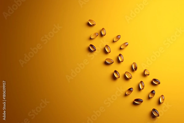 Obraz A vibrant arrangement of pistachio nuts scattered across a bright yellow background, creating a playful and colorful visual contrast.