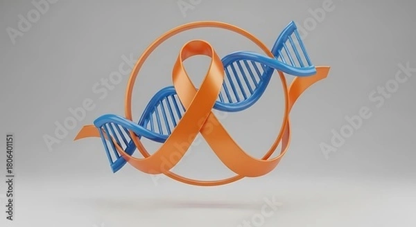Fototapeta 
3D circular icon of an orange awareness ribbon curved around a blue DNA double helix, with metallic sheen and soft lighting,