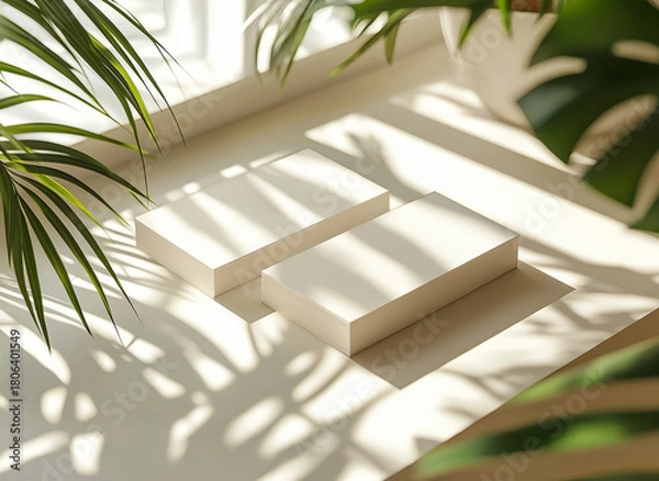 Fototapeta Two business cards in a white interior with shadows Mockup. Generative ai